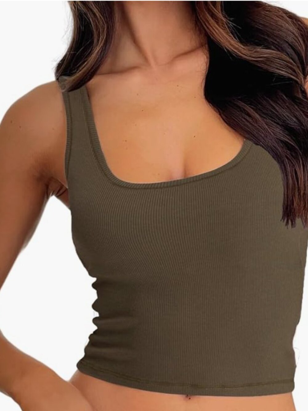 Army Green Cropped Tank Top with Built in Bra/Padding